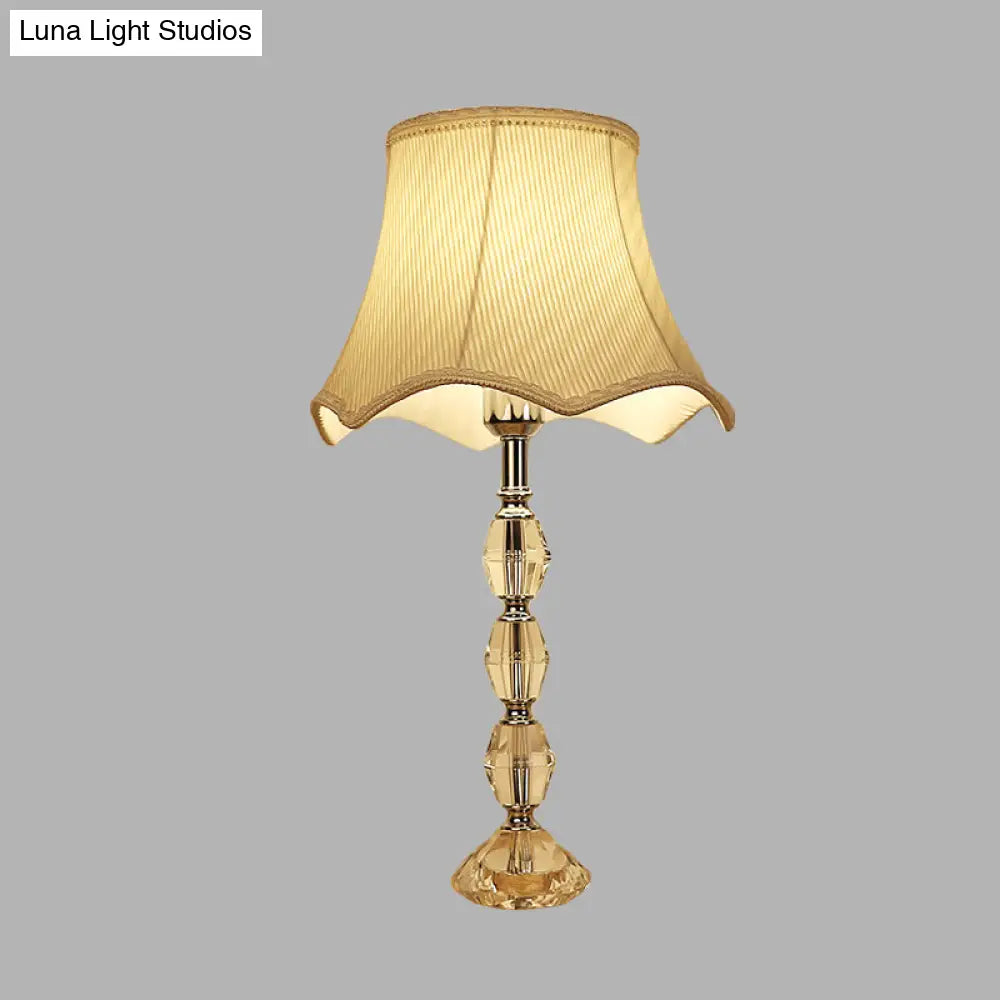 Scalloped Night Light: Light Yellow Minimalism Fabric Living Room Lamp With Crystal Base