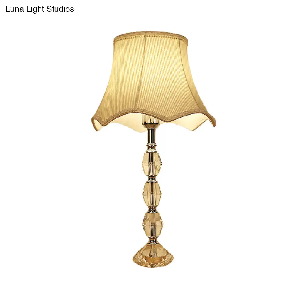 Scalloped Night Light: Light Yellow Minimalism Fabric Living Room Lamp With Crystal Base