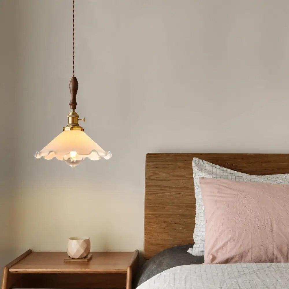 Scalloped Pendant Lamp: Farmhouse Style 1-Light White Glass With Brass Fixture