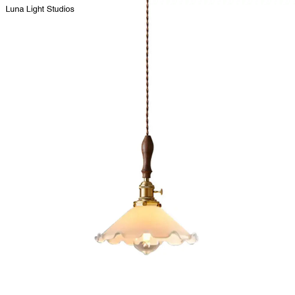 Farmhouse Scalloped Pendant Lamp - 1-Light White Glass Hanging Fixture In Brass