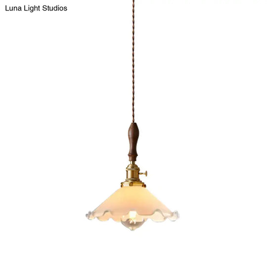 Farmhouse Scalloped Pendant Lamp - 1-Light White Glass Hanging Fixture In Brass