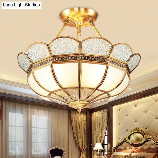 Scalloped Semi-Flush Brass Light Fixture For Bedroom - 4/6 Bulb Ceiling Mount Traditional Design