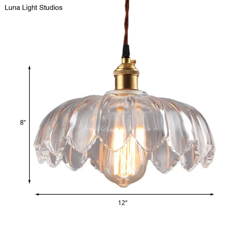 Scalloped Shade Clear Glass Pendant Lighting - Single Bulb Industrial Ceiling Light For Living Room