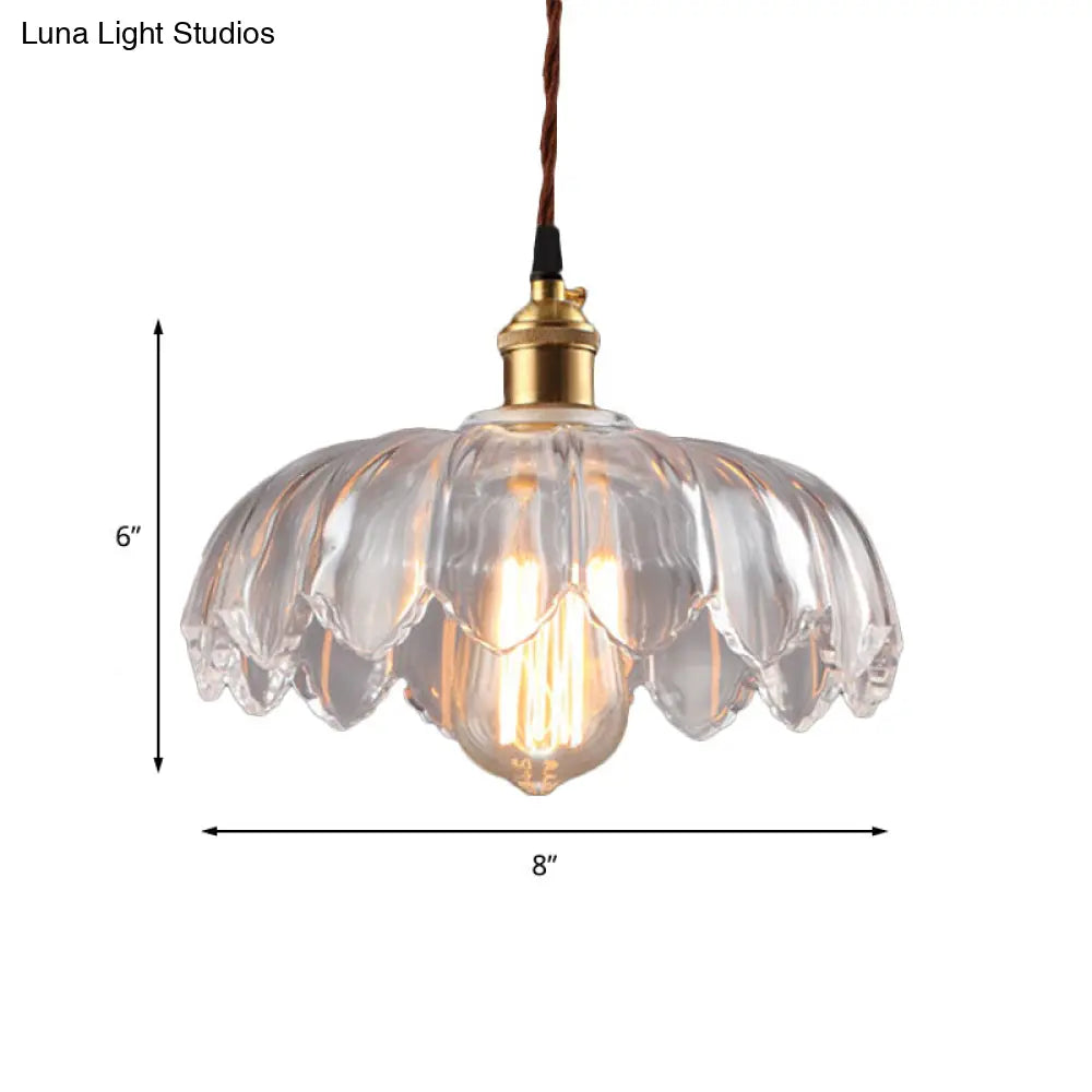 Clear Glass Industrial Pendant Light With Scalloped Shade - Single Bulb Hanging Ceiling Fixture For