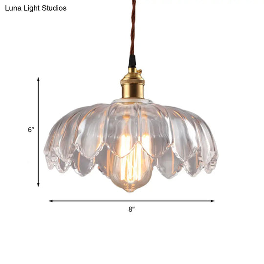 Clear Glass Industrial Pendant Light With Scalloped Shade - Single Bulb Hanging Ceiling Fixture For