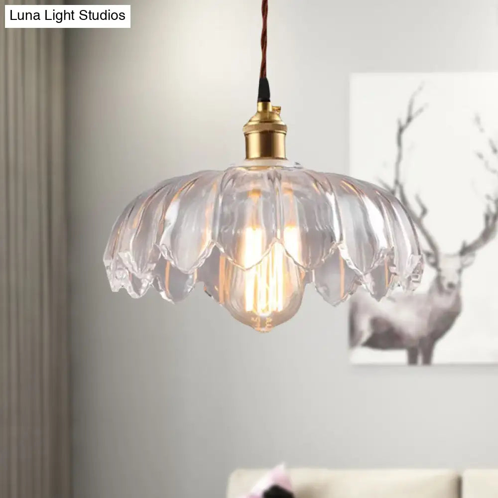 Scalloped Shade Clear Glass Pendant Lighting - Single Bulb Industrial Ceiling Light For Living Room