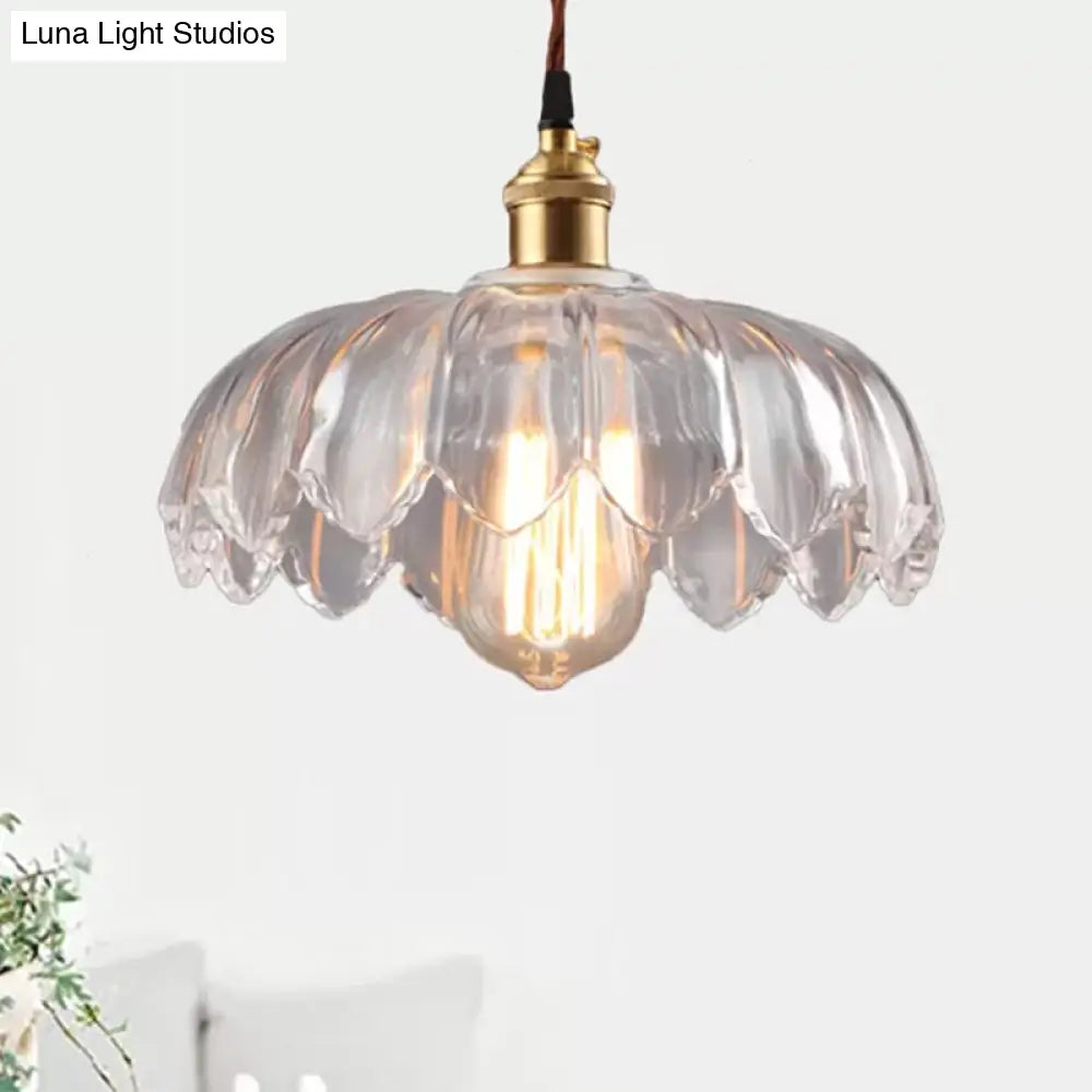 Scalloped Shade Clear Glass Pendant Lighting - Single Bulb Industrial Ceiling Light For Living Room