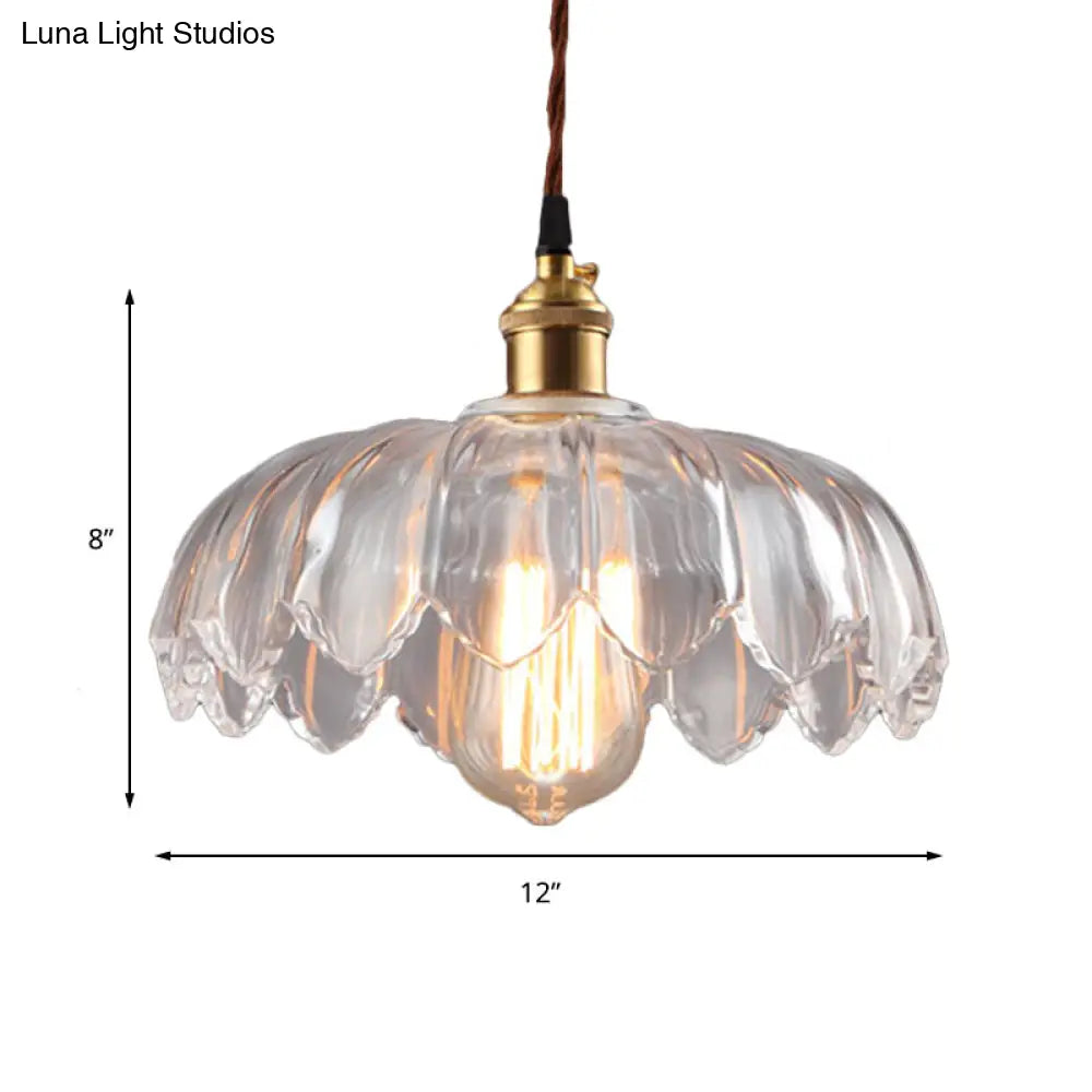 Clear Glass Industrial Pendant Light With Scalloped Shade - Single Bulb Hanging Ceiling Fixture For