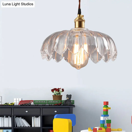 Clear Glass Industrial Pendant Light With Scalloped Shade - Single Bulb Hanging Ceiling Fixture For