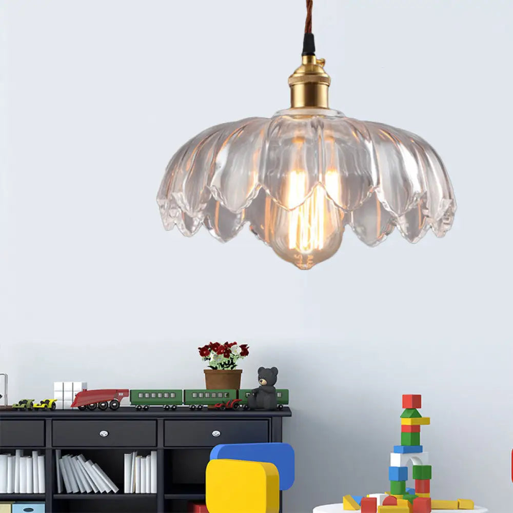 Scalloped Shade Clear Glass Pendant Lighting - Single Bulb Industrial Ceiling Light For Living Room