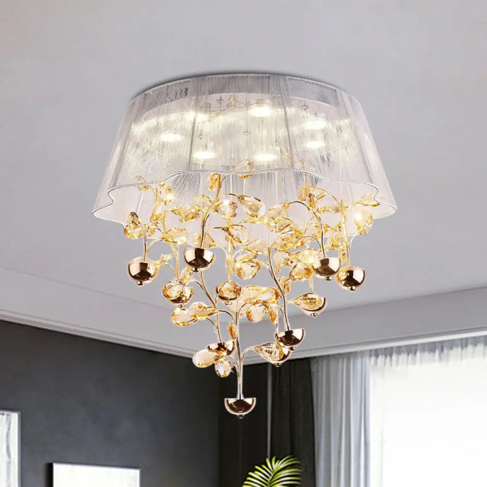 Scalloped Silver/Pink Ceiling Flush Modernist Bedroom Led Lamp With Crystal Tree Design Silver