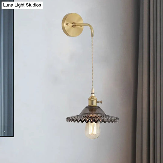 Scalloped Smoked Glass Brass Sconce Light: Industrial 1-Light Wall Lamp For Bedroom