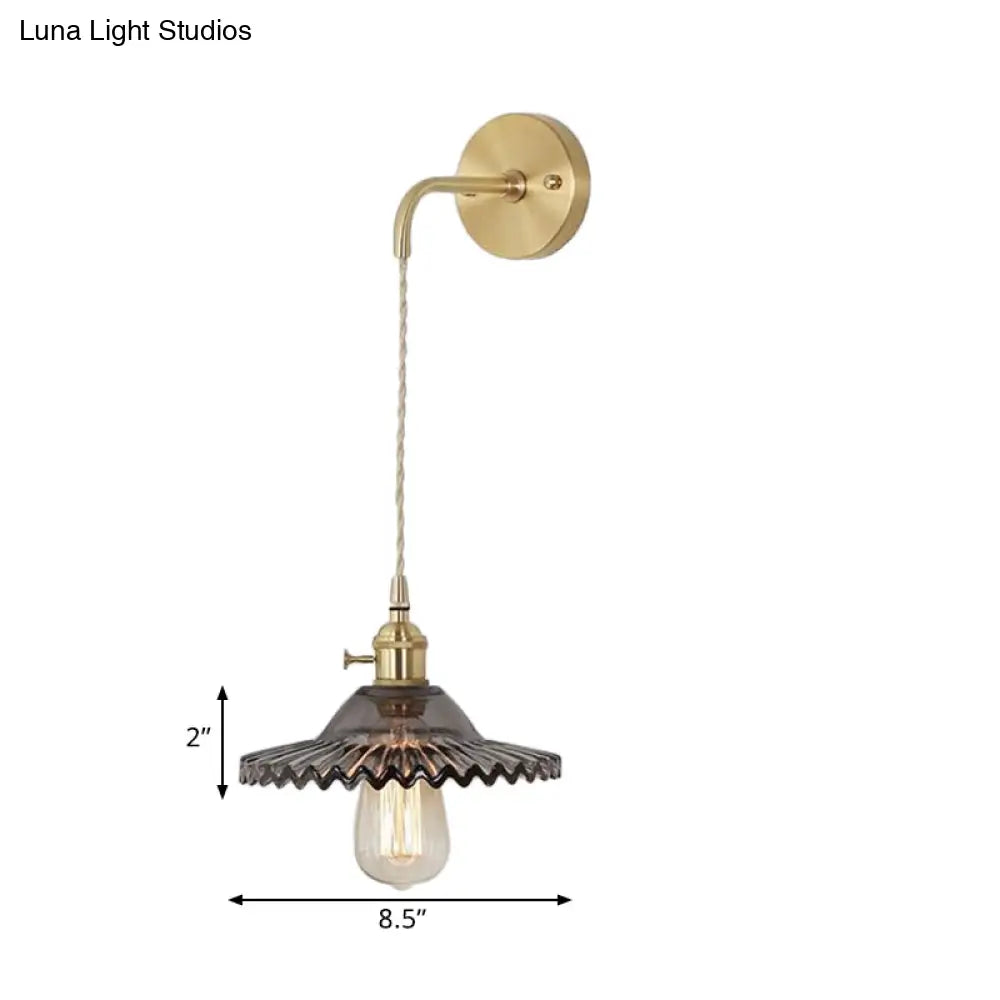 Scalloped Smoked Glass Brass Sconce Light: Industrial 1-Light Wall Lamp For Bedroom