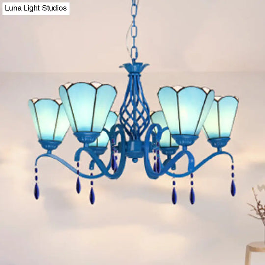 Retro Scalloped Stained Glass Chandelier With Crystal - 6 Light Ceiling Fixture For Living Room Blue