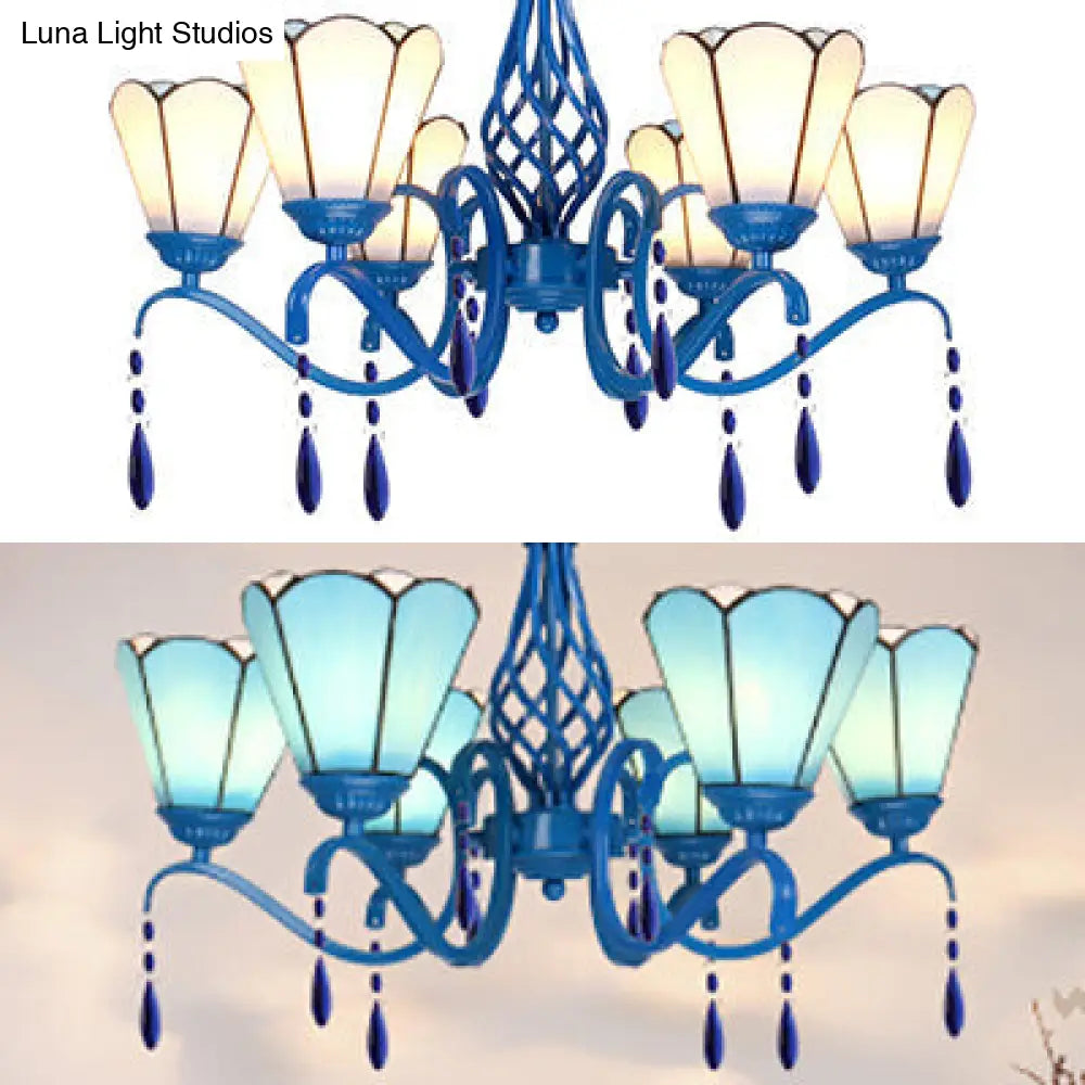 Retro Scalloped Stained Glass Chandelier With Crystal - 6 Light Ceiling Fixture For Living Room