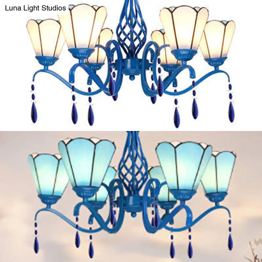 Retro Scalloped Stained Glass Chandelier With Crystal - 6 Light Ceiling Fixture For Living Room