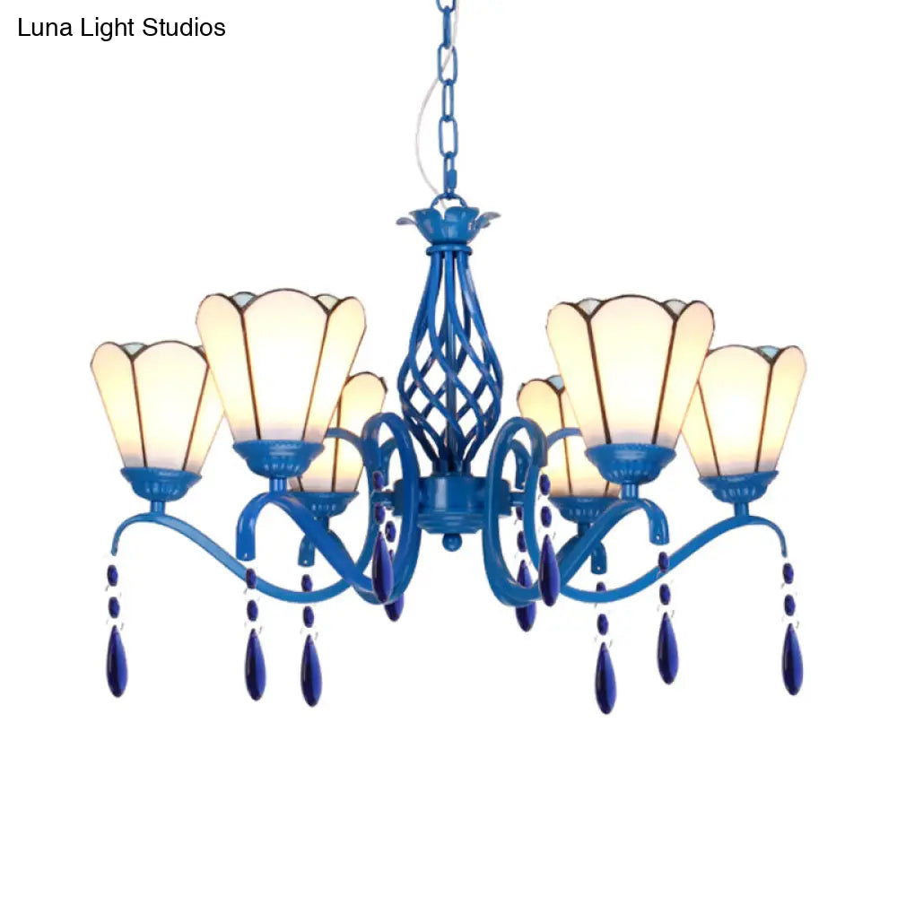 Retro Scalloped Stained Glass Chandelier With Crystal - 6 Light Ceiling Fixture For Living Room