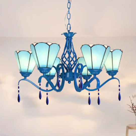 Scalloped Stained Glass Chandelier With Crystal Accents - Retro 6-Light Ceiling Fixture For Living