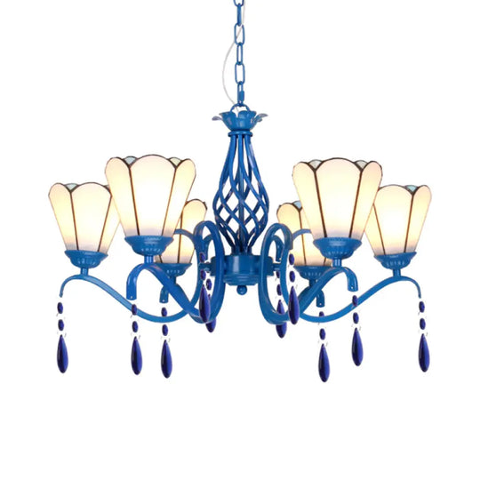 Scalloped Stained Glass Chandelier With Crystal Accents - Retro 6-Light Ceiling Fixture For Living