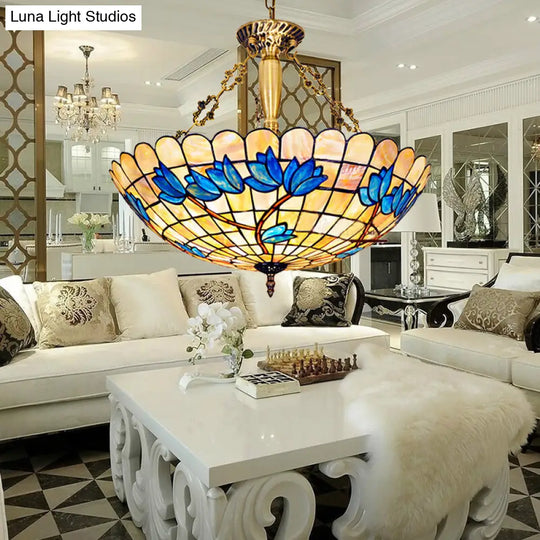 Scalloped Edge Stained Glass Tulip Semi Flush Mount With 4 Heads For Living Room Beige