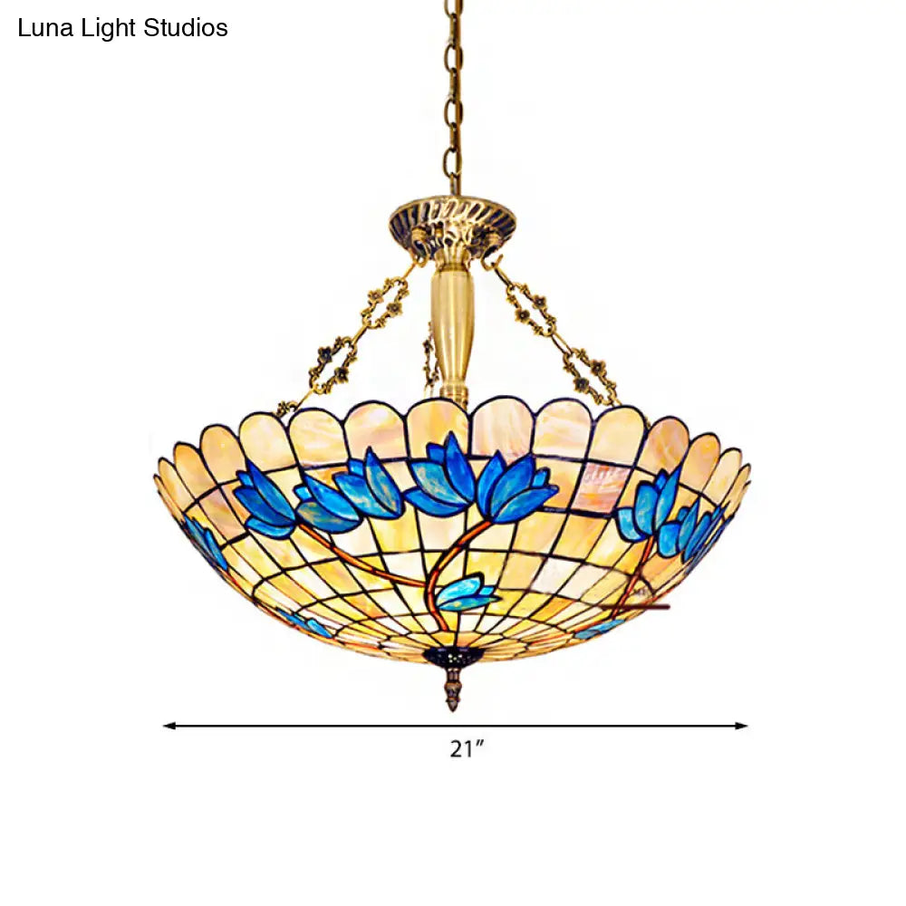 Scalloped Edge Stained Glass Tulip Semi Flush Mount With 4 Heads For Living Room