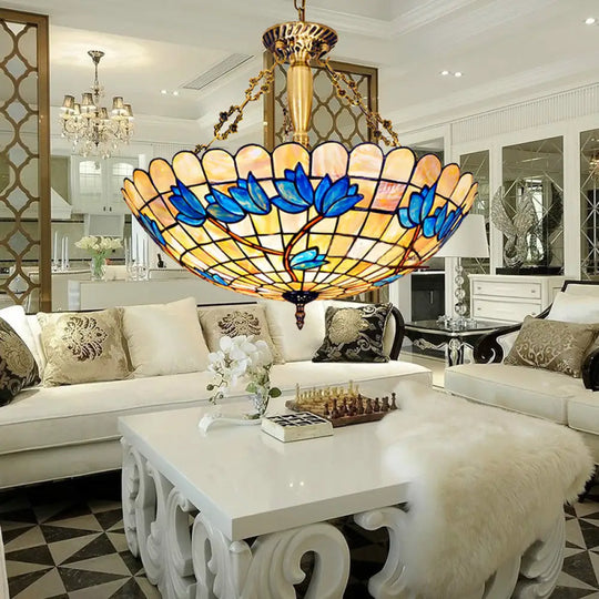 Scalloped Stained Glass Tulip Semi Flush Mount With 4 Heads For Living Room Beige