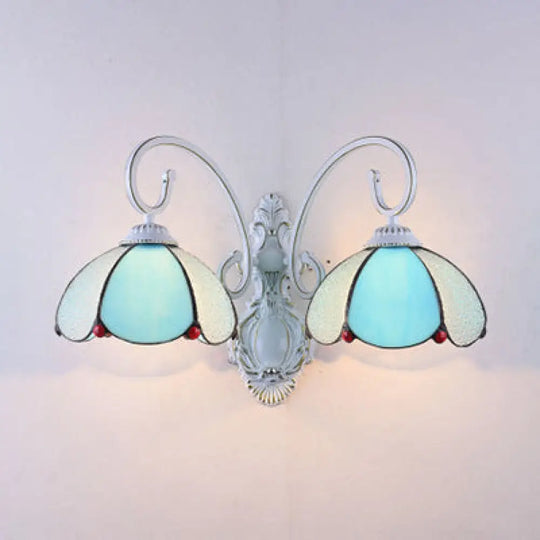 Scalloped Stained Glass Wall Light With Curved Arm - 2 Lights Traditional Sconce In