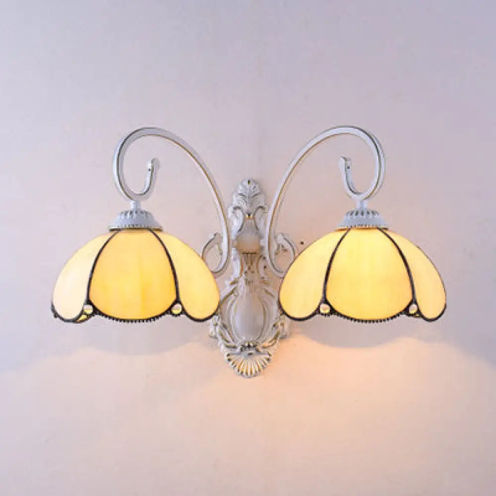 Scalloped Stained Glass Wall Light With Curved Arm - 2 Lights Traditional Sconce In