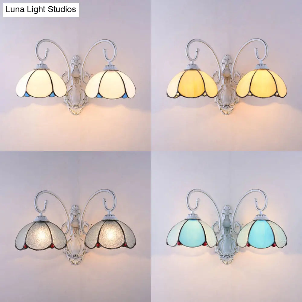 Scalloped Stained Glass Wall Light With Curved Arm - 2 Lights Traditional Sconce In