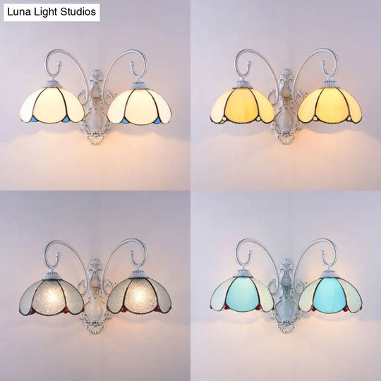 Scalloped Stained Glass Wall Light With Curved Arm - 2 Lights Traditional Sconce In