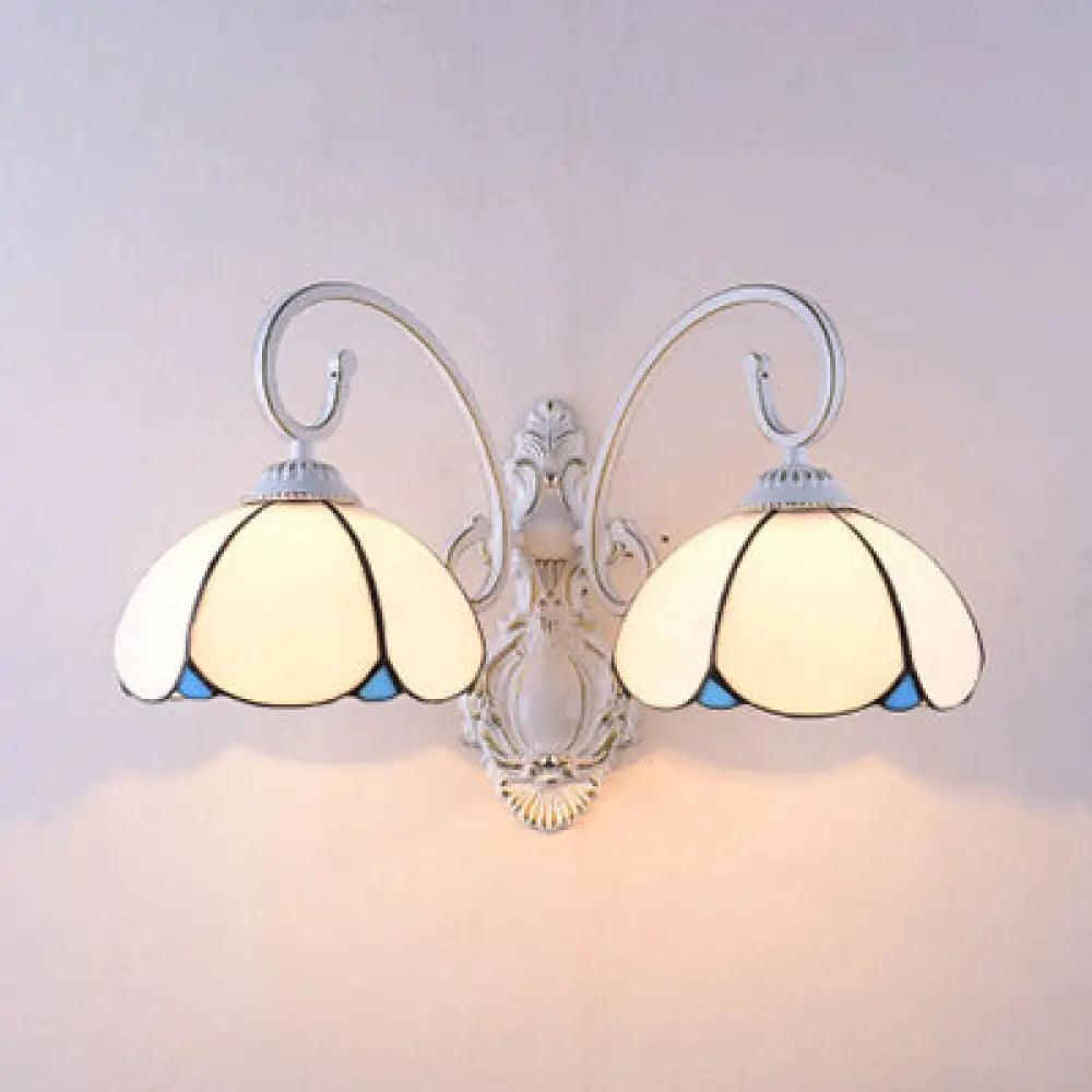 Scalloped Stained Glass Wall Light With Curved Arm - 2 Lights Traditional Sconce In