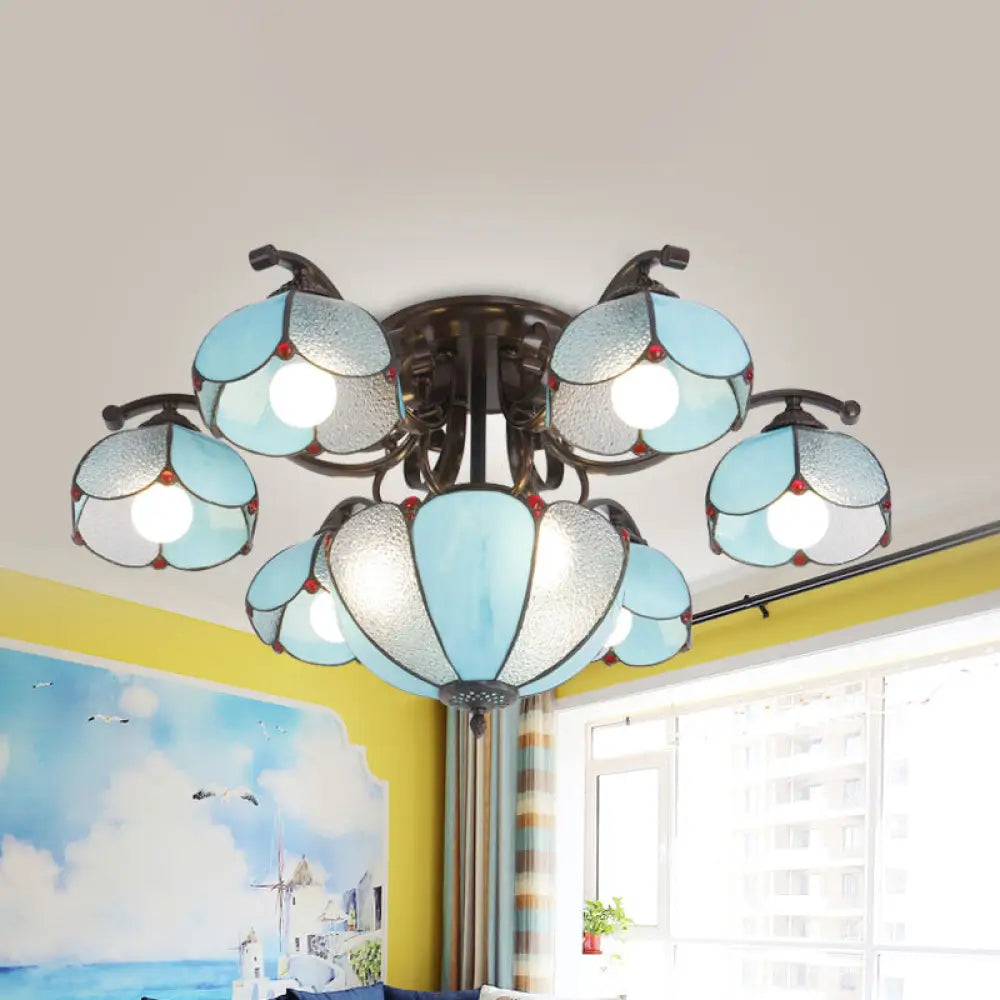 Scalloped Tiffany Gray/White/Blue Handcrafted Glass Ceiling Light Fixture - 9 Heads Semi Flush