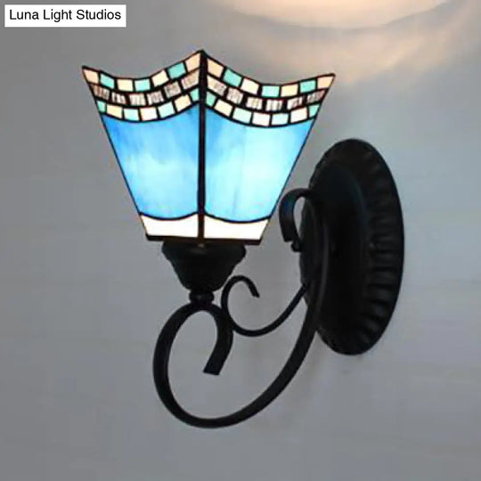 Scalloped Tiffany Stained Glass Wall Lamp - Multicolored Sky Blue/Beige/Blue-White 1 Head Fixture