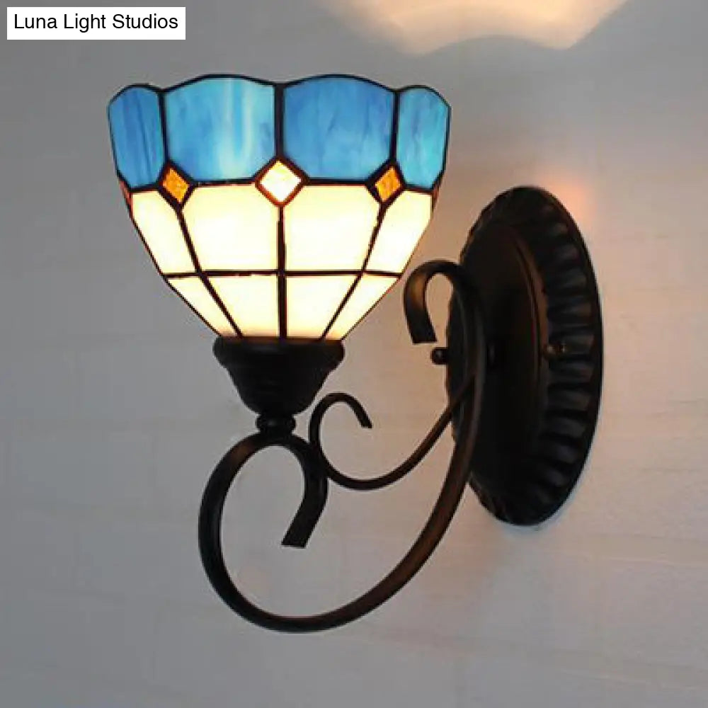 Scalloped Tiffany Stained Glass Wall Lamp - Multicolored Sky Blue/Beige/Blue-White 1 Head Fixture