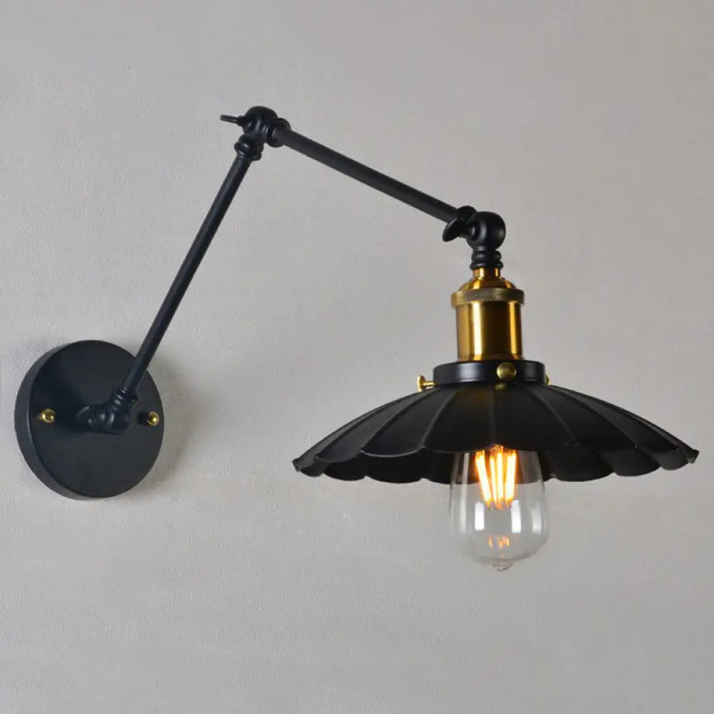 Scalloped Wall Lamp With Adjustable Arm In Black - Loft Style 1 Head Iron Mounted Light 8+8/12+12