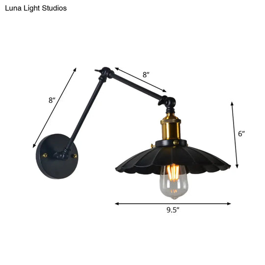 Scalloped Wall Lamp With Adjustable Arm In Black - Loft Style 1 Head Iron Mounted Light 8+8/12+12