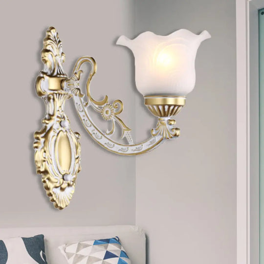 Scalloped Wall Light Fixture With Retro White Glass Shade - Brass/Gold Accent Ideal For Living Rooms