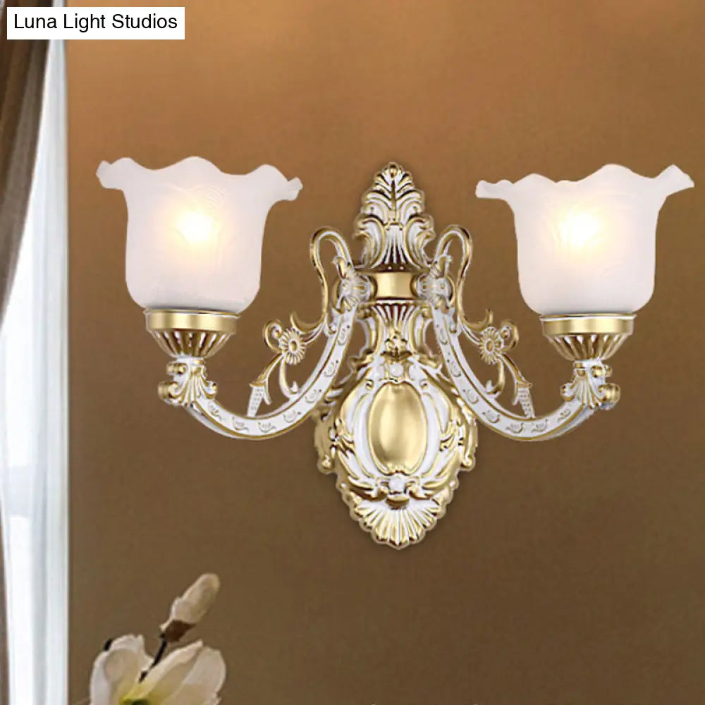 Scalloped Wall Light Fixture With Retro White Glass Shade - Brass/Gold Accent Ideal For Living Rooms