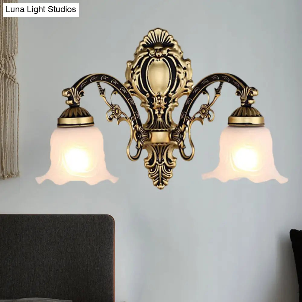 Scalloped Wall Light Fixture With Retro White Glass Shade - Brass/Gold Accent Ideal For Living Rooms