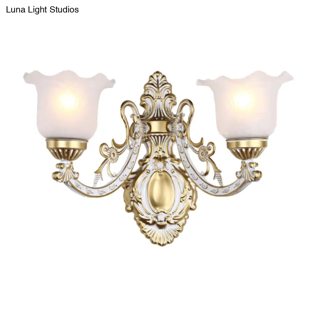 Scalloped Wall Light Fixture With Retro White Glass Shade - Brass/Gold Accent Ideal For Living Rooms