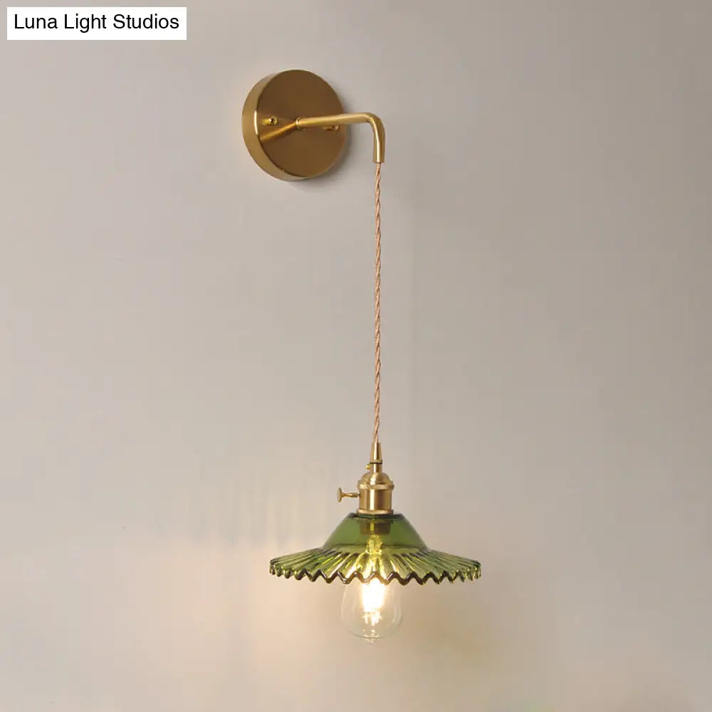 Scalloped Wall Sconce: Green Glass Industrial Light Fixture In Brass For Living Room