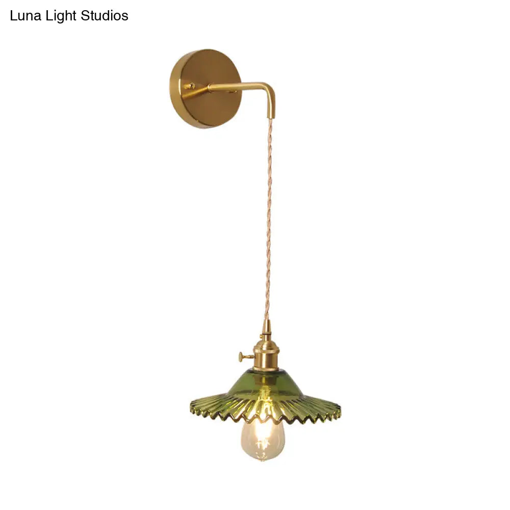 Scalloped Wall Sconce: Green Glass Industrial Light Fixture In Brass For Living Room