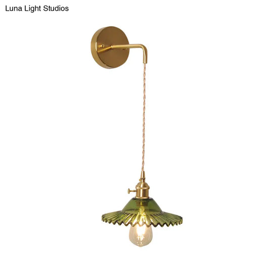 Scalloped Wall Sconce: Green Glass Industrial Light Fixture In Brass For Living Room