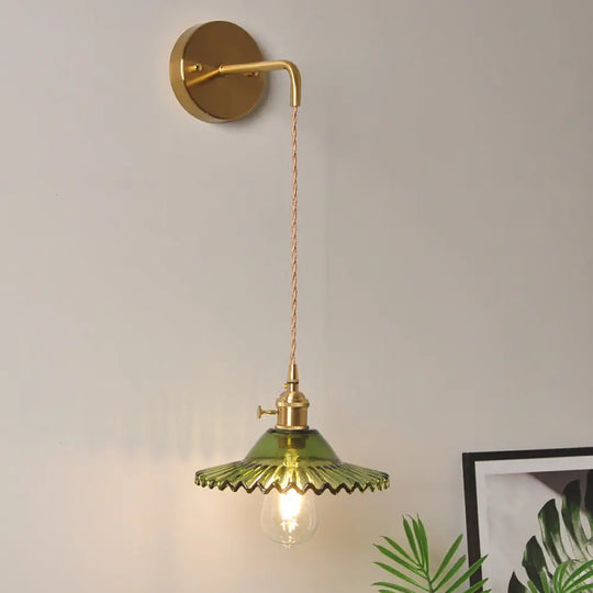 Scalloped Wall Sconce: Green Glass Industrial Light Fixture In Brass For Living Room