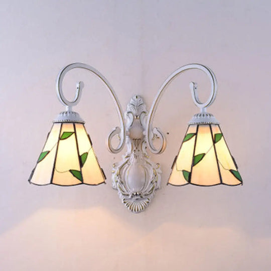 Scalloped Wall Sconce Light With Leaf Pattern - 2 Lights Stained Glass Loft Lighting Blue/Beige