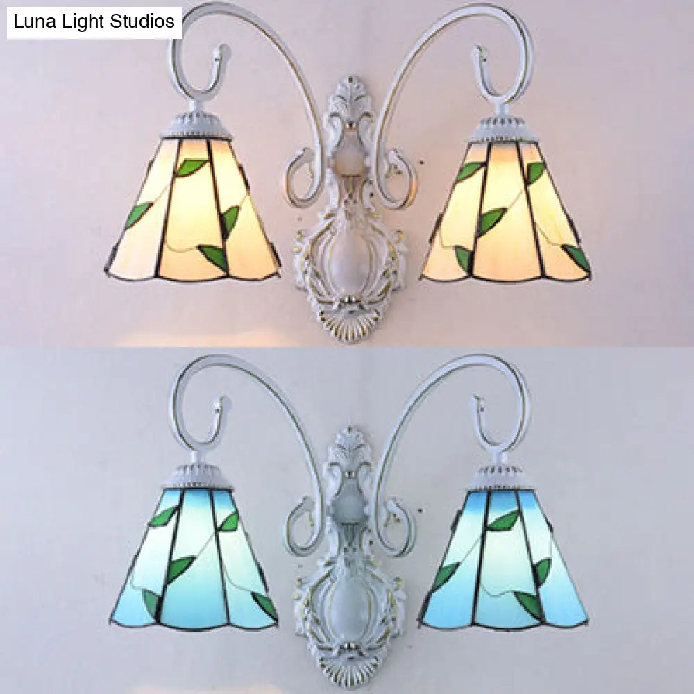 Scalloped Wall Sconce Light With Leaf Pattern - 2 Lights Stained Glass Loft Lighting Blue/Beige