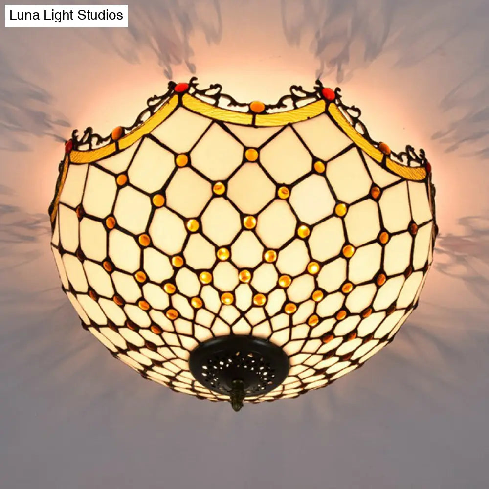 Scalloped White Glass Tiffany Ceiling Light Fixture - Ideal For Corridor