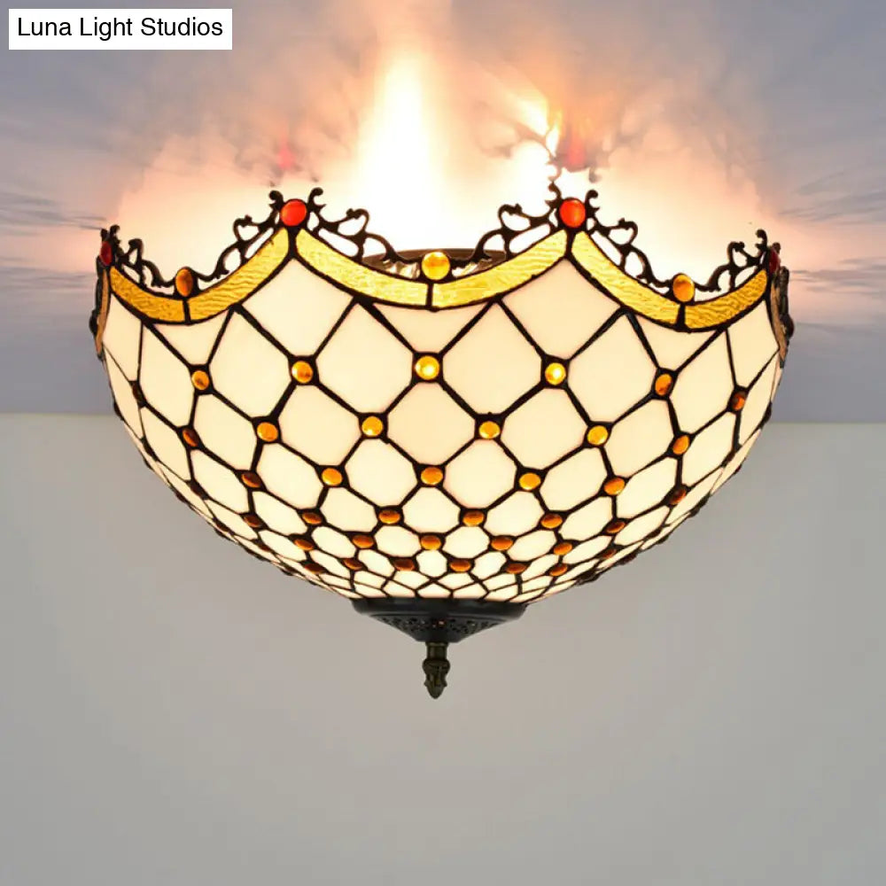 Scalloped White Glass Tiffany Ceiling Light Fixture - Ideal For Corridor
