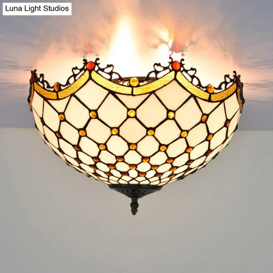 Scalloped White Glass Tiffany Ceiling Light Fixture - Ideal For Corridor