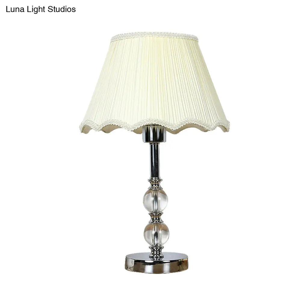 Scalloped White Night Lamp With Crystal Ball Accent - Traditional Bedroom Table Light